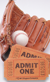 baseball glove with ball and tickets